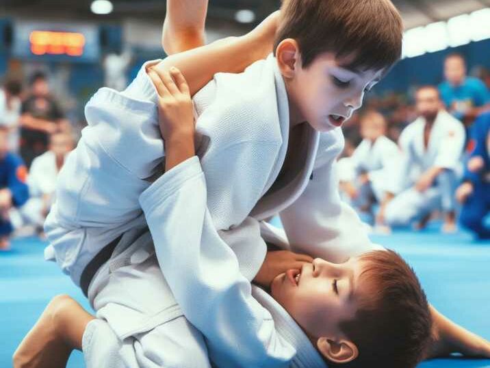 Child performing a Brazilian jiu-jitsu submission on another child in a martial arts tournament