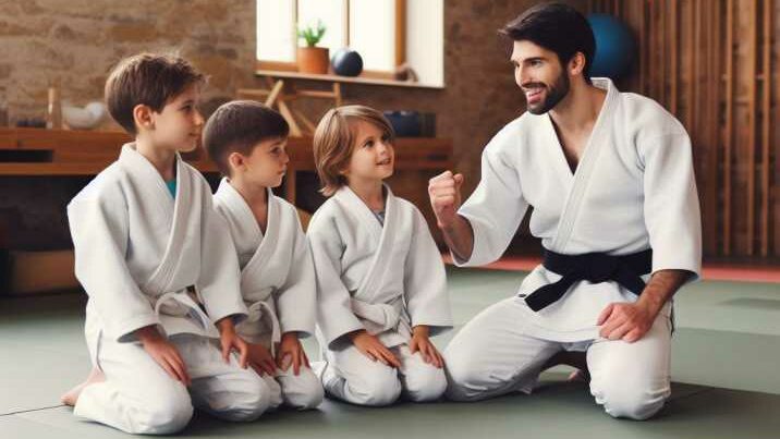 A qualified Judo instructor guiding a group of children through Judo techniques.