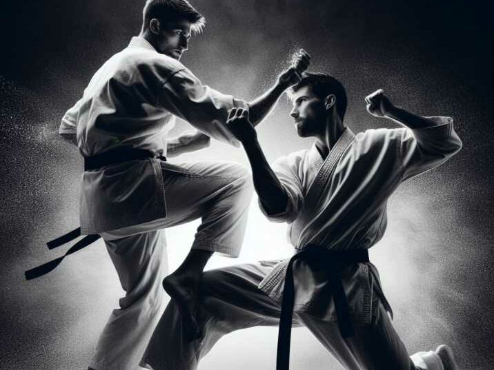 Black Belt Examination: Intense sparring session during the rigorous black belt evaluation."