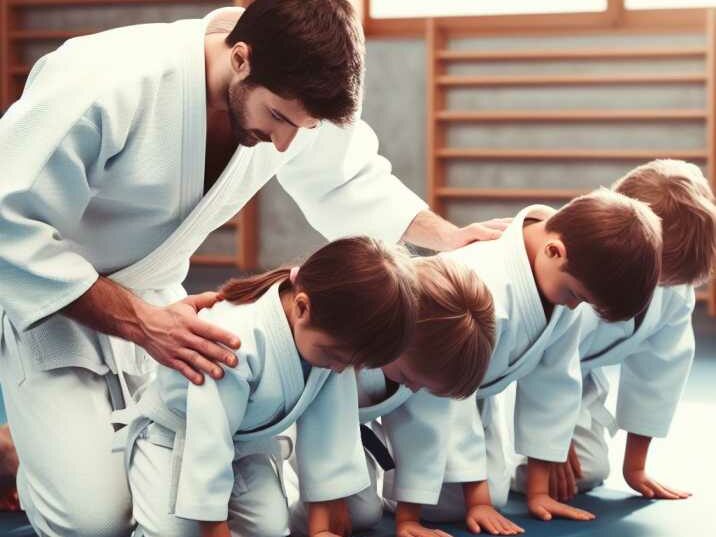 Children bowing to each other and their instructor, showcasing the respect emphasized in Judo.