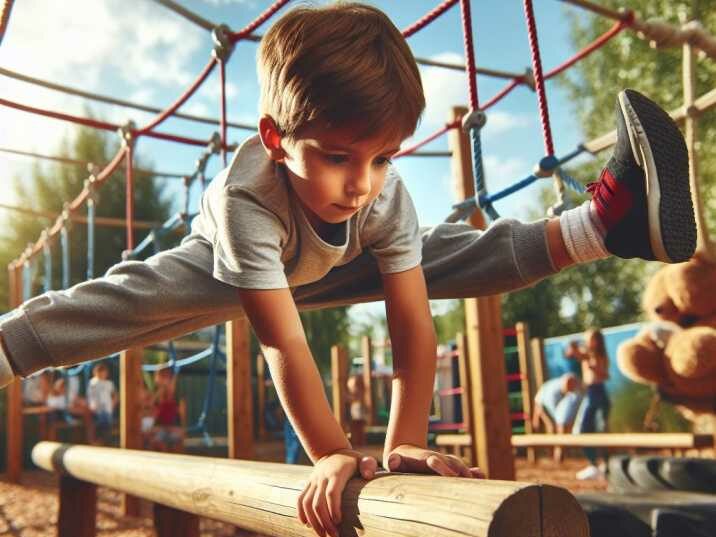 Child balancing on a narrow beam during an obstacle course