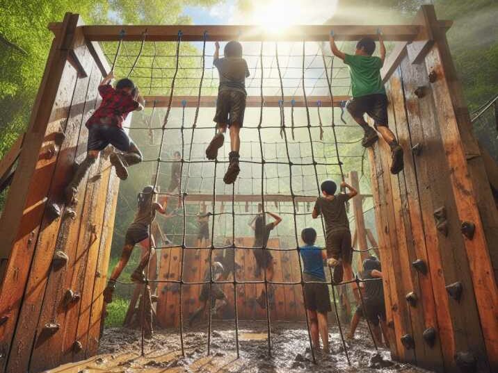 Collage of outdoor obstacle course challenges, including climbing walls, balance beams, and muddy pits