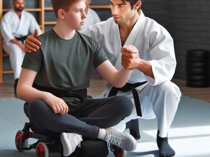 Instructor guiding special needs student in martial arts training