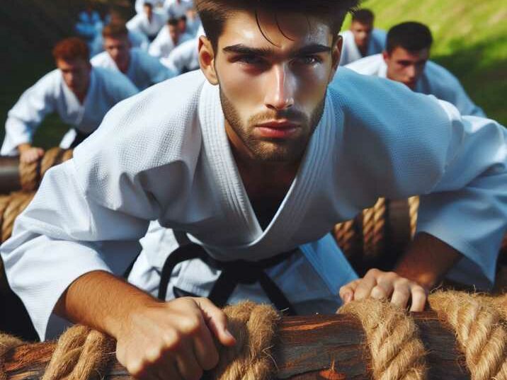 a young martial artist executing a martial arts technique within the obstacle course