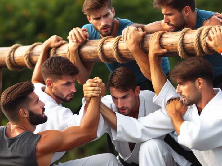 Martial artists working as a team to overcome an obstacle in an outdoor course