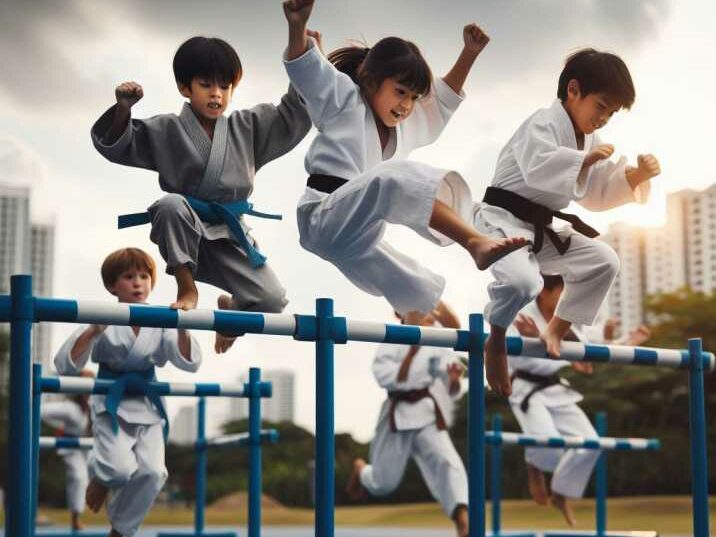 Kids overcoming challenges by jumping over hurdles in a martial arts obstacle course