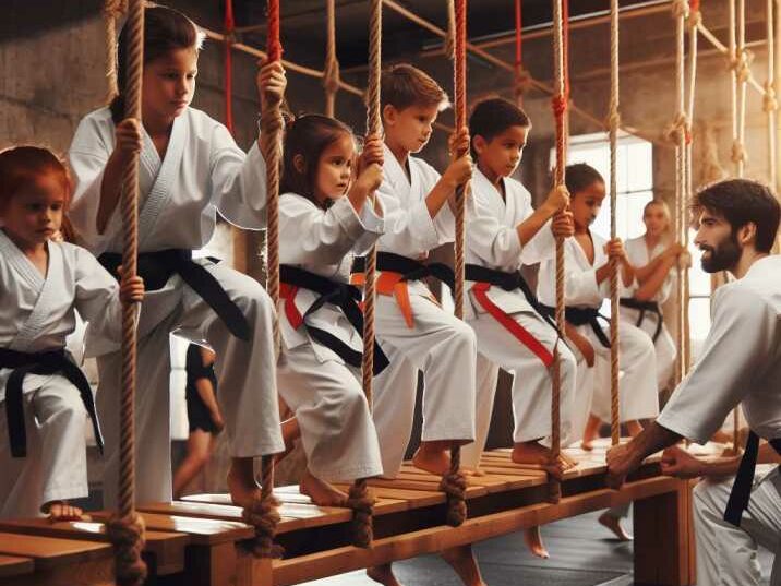 Children participating in martial arts obstacle course tailored for their age group