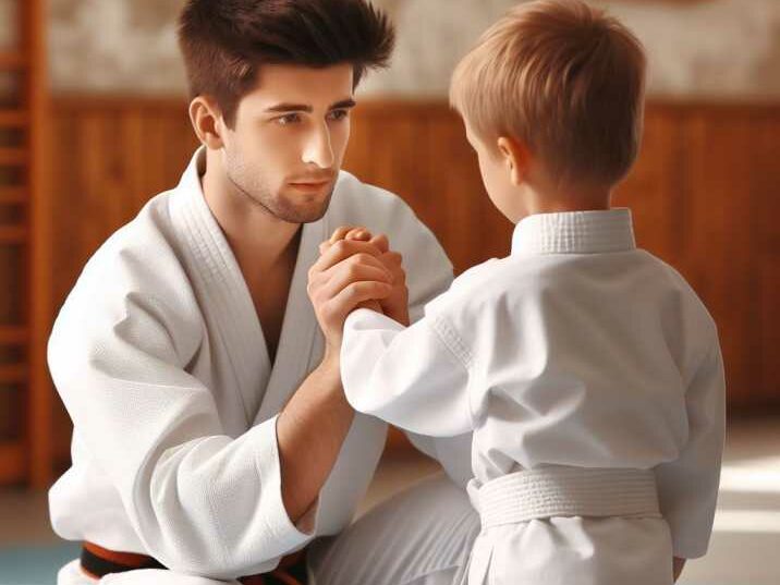 Instructor providing guidance to a child during martial arts training