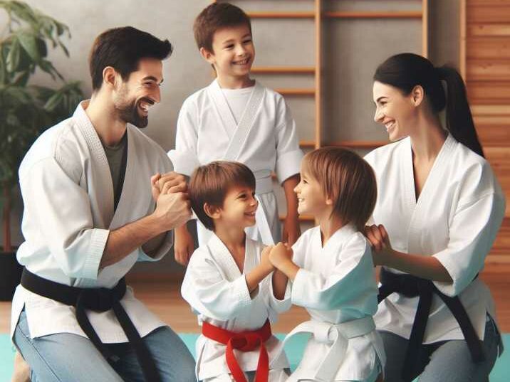 Parents and kids practicing karate moves together in a supportive environment