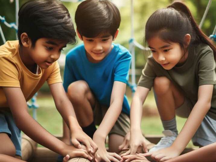 Children working together in obstacle course teamwork activities, building bonds and coordination