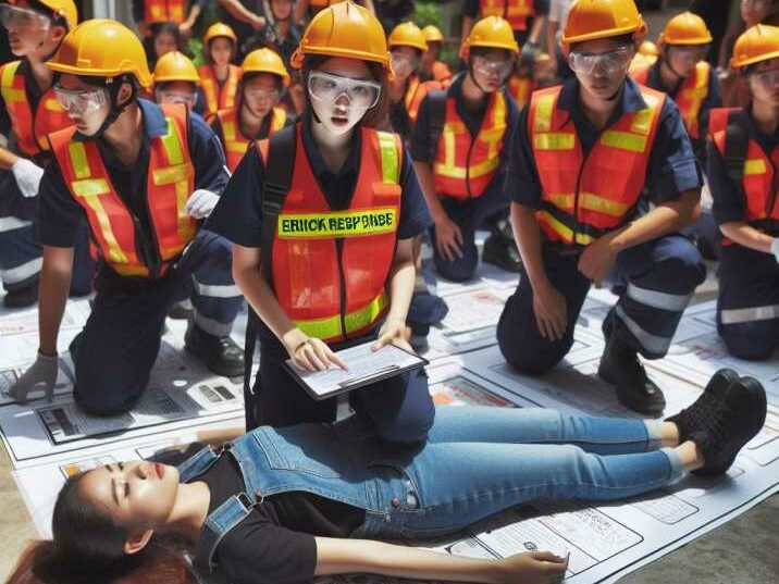 Instructors and participants practicing emergency procedures for obstacle course safety