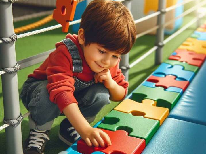 Child solving a puzzle element in an obstacle course