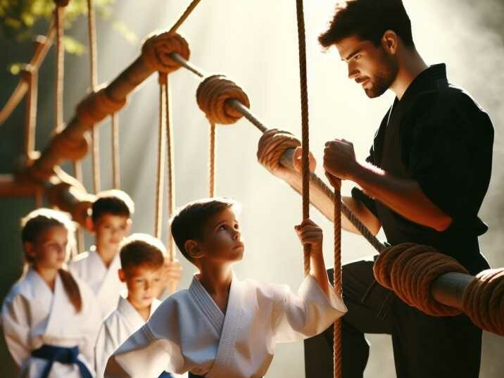 A child leading peers through an obstacle