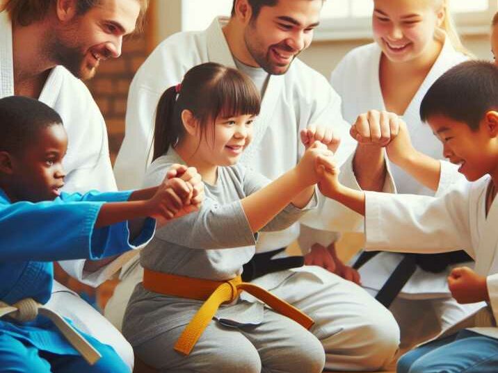 Diverse group of special needs students participating in martial arts class