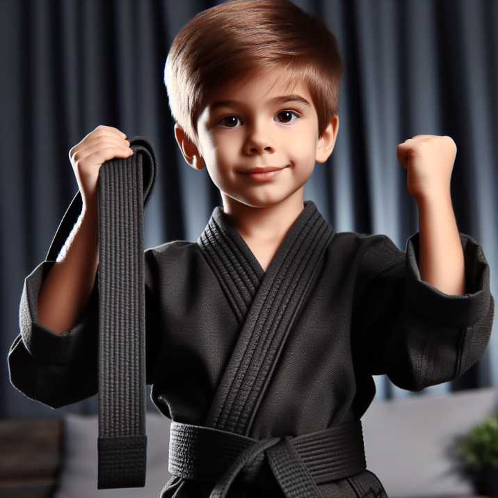 A child proudly displaying their black belt, symbolizing dedication and accomplishment