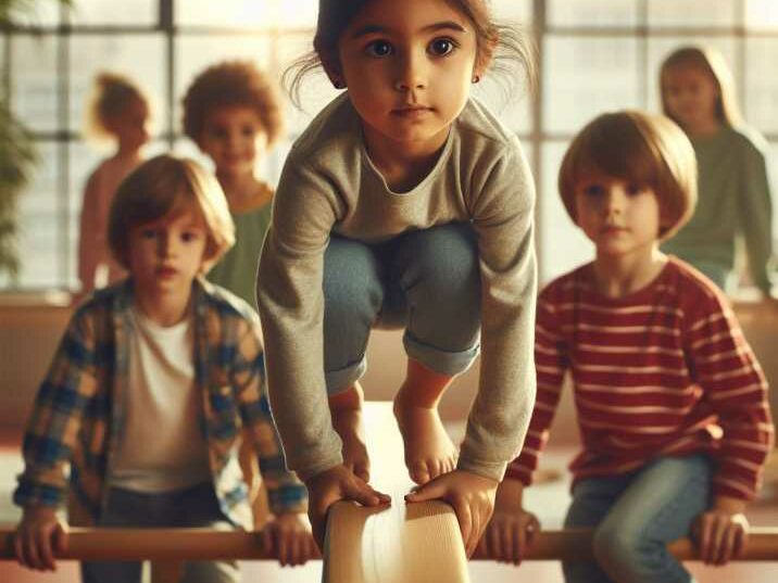 Children engaged in a balancing act on a beam, developing coordination and concentration