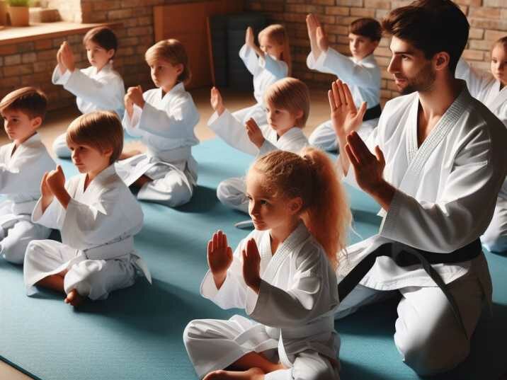 In a kids martial arts class, young participants learn discipline and teamwork through guided activities