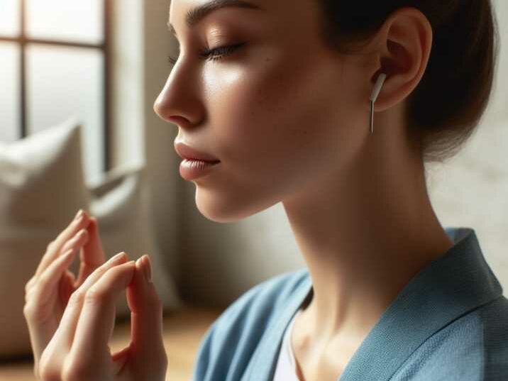 A close-up of a practitioner engaged in a mindful breathing exercise, emphasizing the mind-body connection