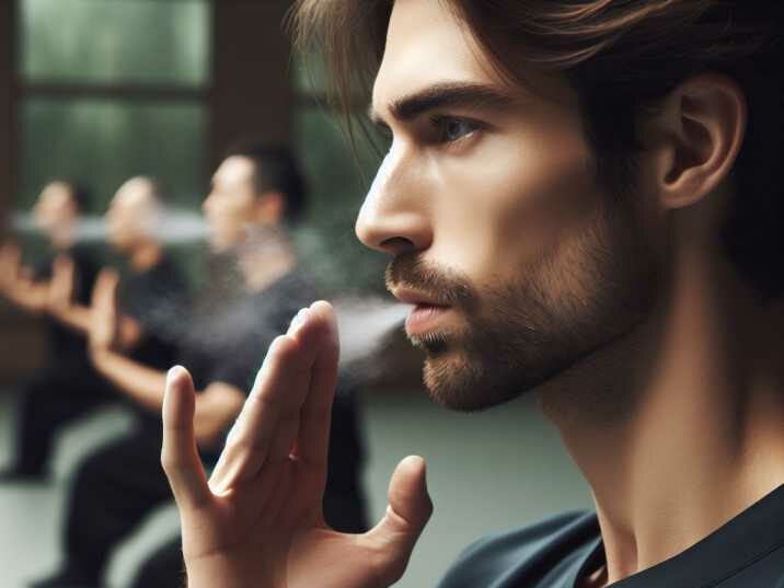  practitioner demonstrating breath control during a Tai Chi session, highlighting the importance of synchronized breathing