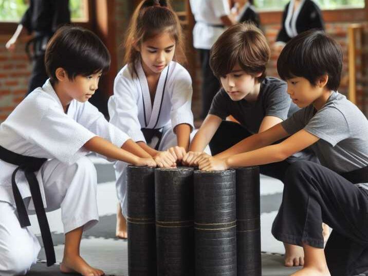 Kids collaborating on a martial arts obstacle course