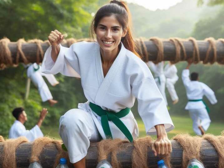 Martial artist in a focused moment, showcasing the mental resilience gained through outdoor training