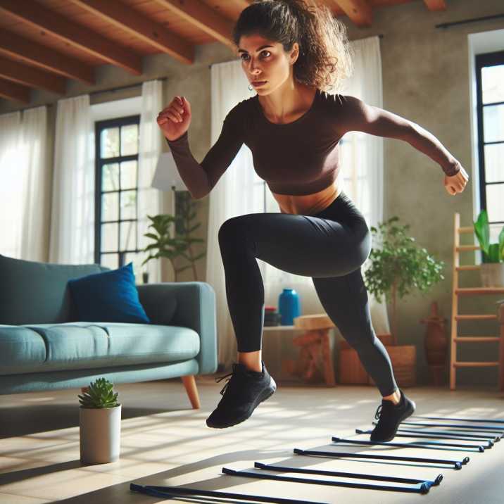 performing agility ladder drills during home martial arts practice