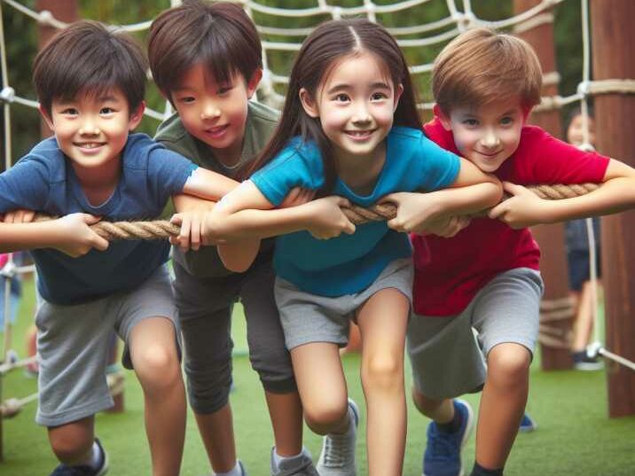 Kids demonstrating teamwork on the obstacle course