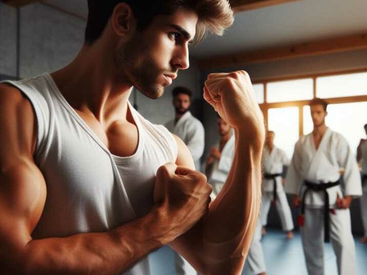 Young martial artist mastering a new technique during a class