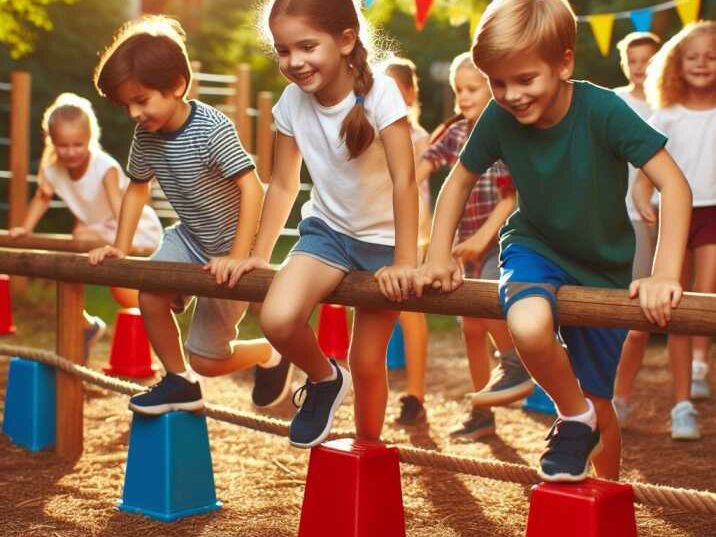 Kids engaging in a virtual obstacle course indoors