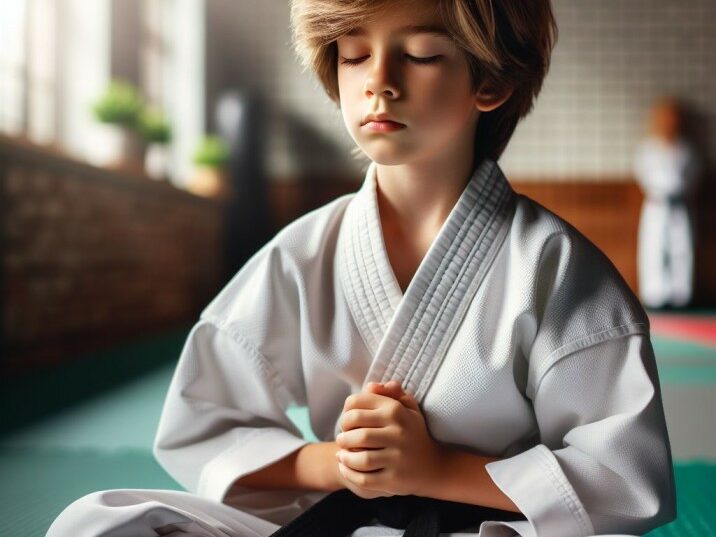 A child demonstrating concentration and focus during karate practice.