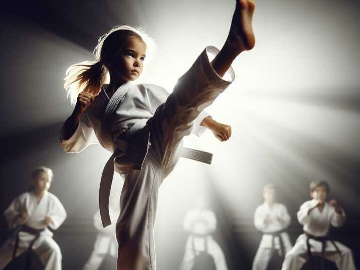 Child demonstrating a powerful martial arts kick, emphasizing strength and flexibility