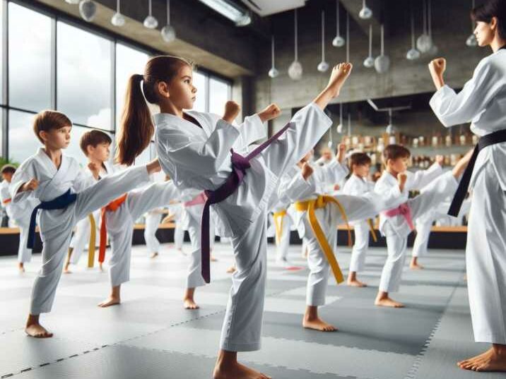 Kids showcasing Tae Kwon Do high kicks for confidence and strength