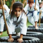 "Kid honing martial arts techniques with precision striking at target stations.