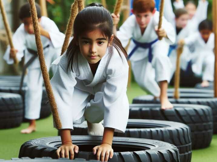 "Kid honing martial arts techniques with precision striking at target stations.