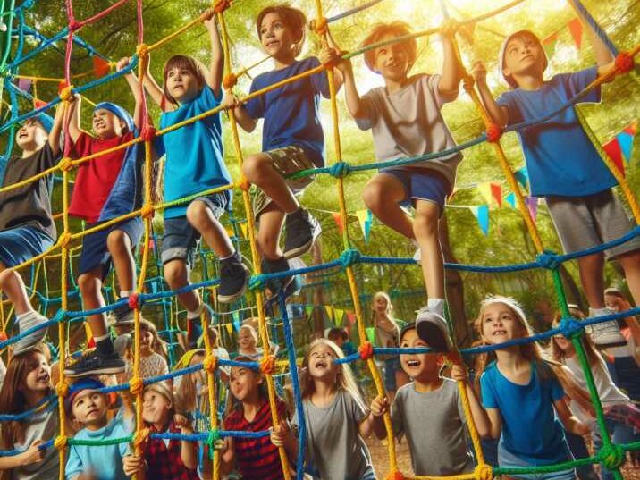 Kids climbing a net obstacle during the course