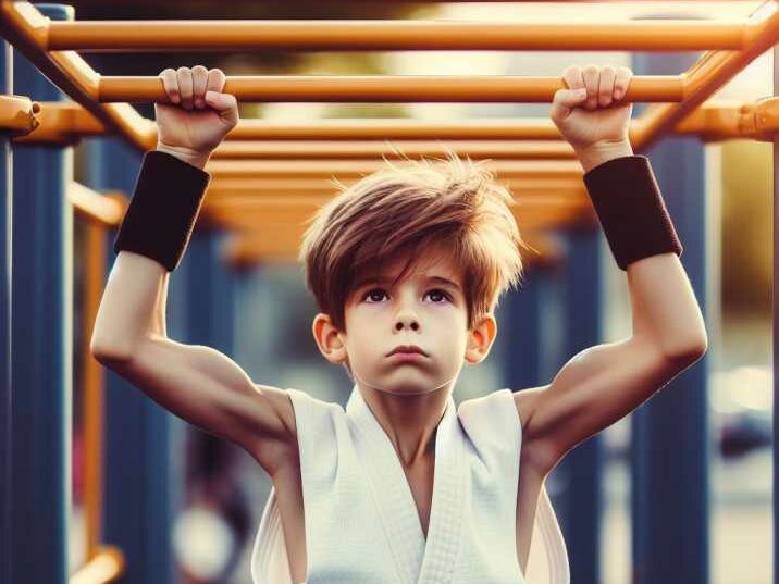 Kid building upper body strength on monkey bars during martial arts training