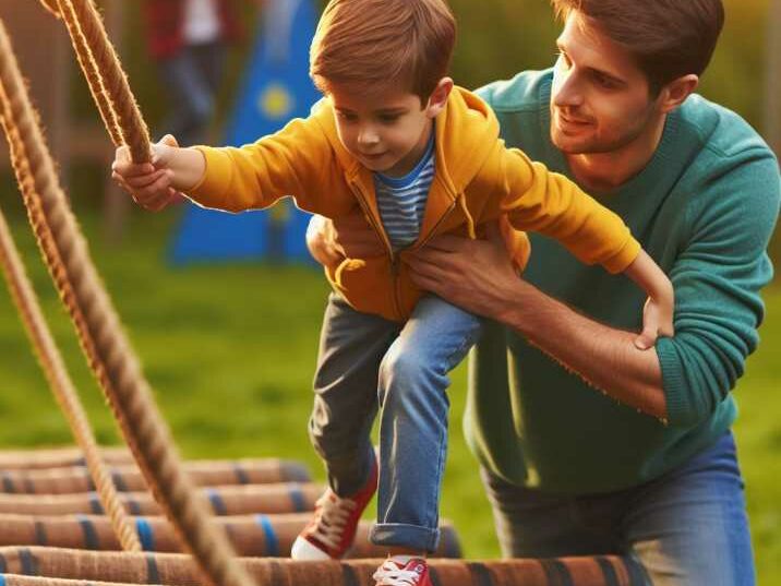 Parent cheering on child during obstacle course