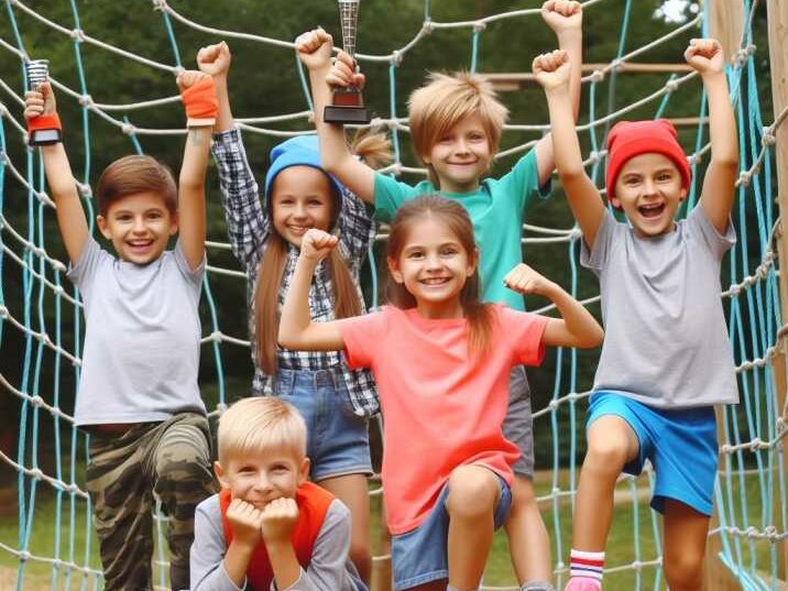 Children smiling with a sense of achievement after completing an obstacle course, promoting confidence and resilience.