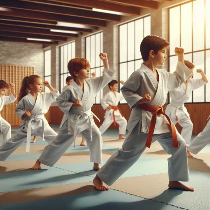 Kids actively participating in karate drills, showcasing coordination and focus.