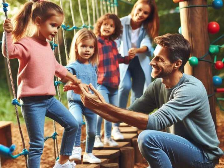 Parent actively participating in a child's obstacle course journey, fostering a sense of connection