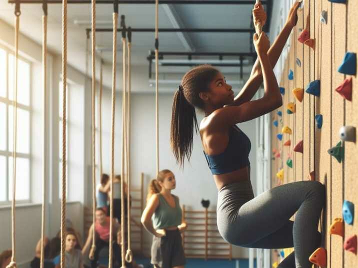 A student climbing a wall during a physical education class