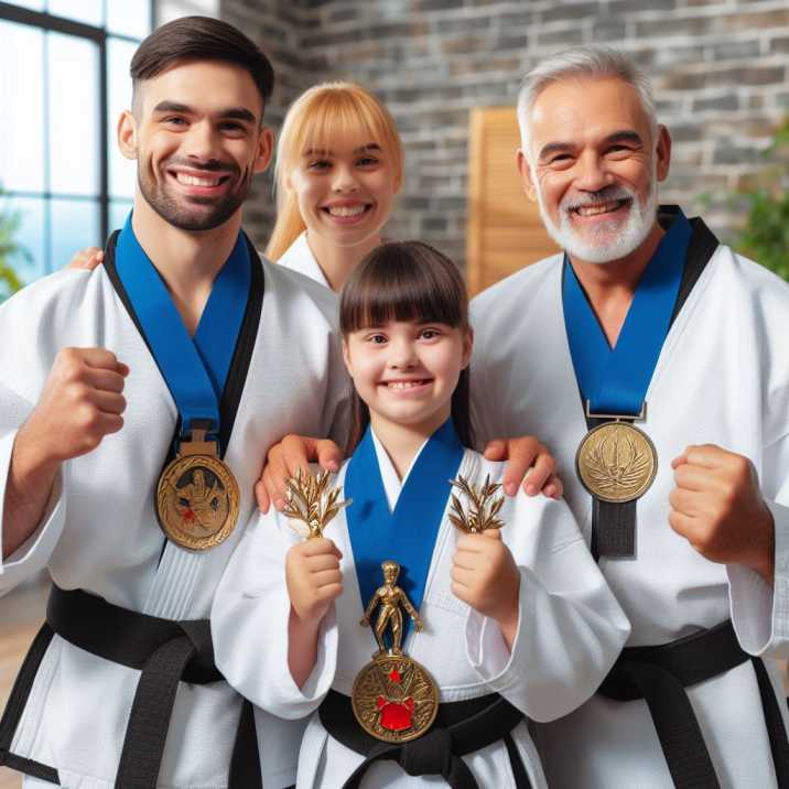 Martial arts students with special needs proudly showcasing their achievements and medals