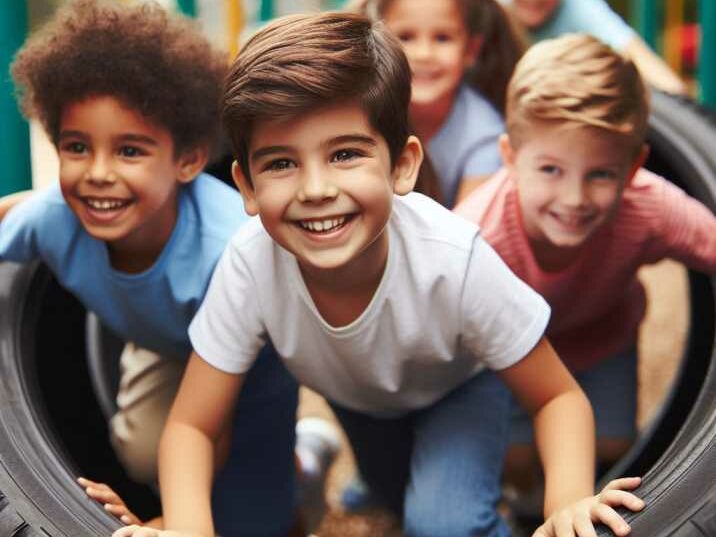 Smiling children navigating through a tire tunnel