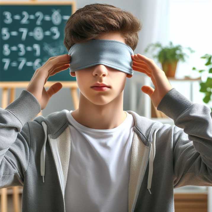 Teenager practicing blindfolded balancing to enhance sensory perception and focus