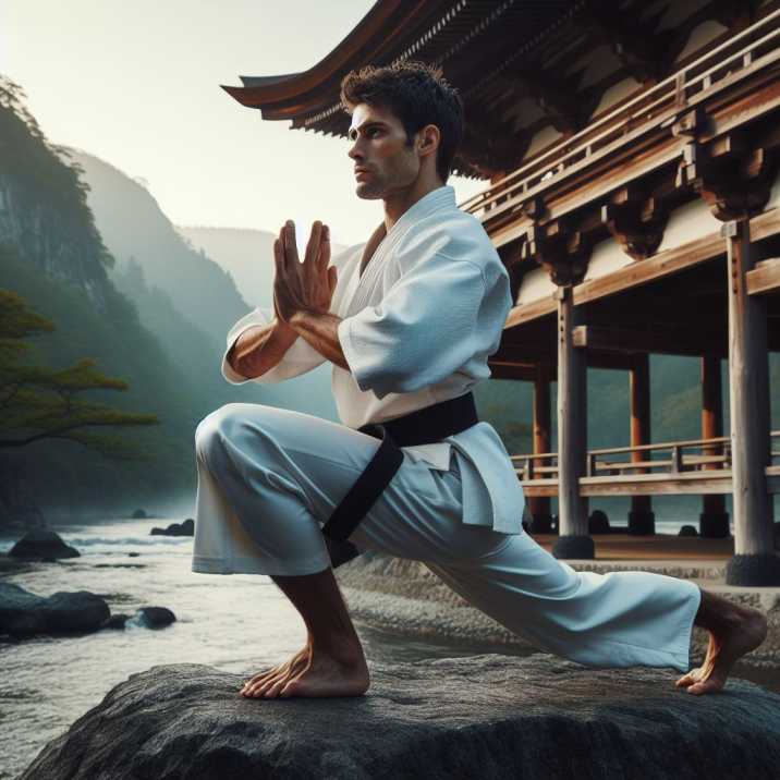 Martial artist incorporating controlled breathing during a balance pose