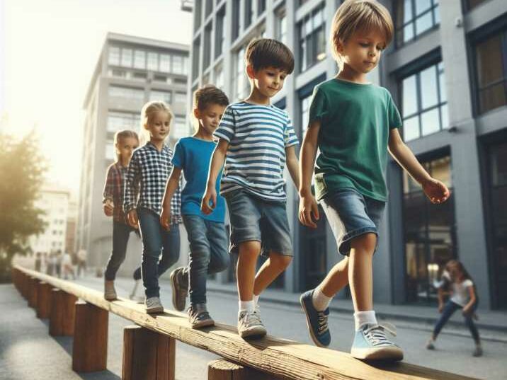 Kids walking on a narrow balancing beam, developing core strength and stability