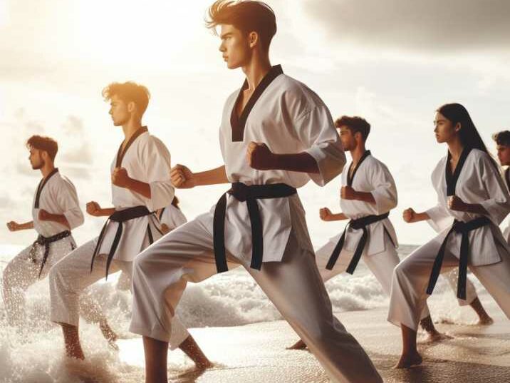 Students practicing Taekwondo kicks in a well-lit studio
