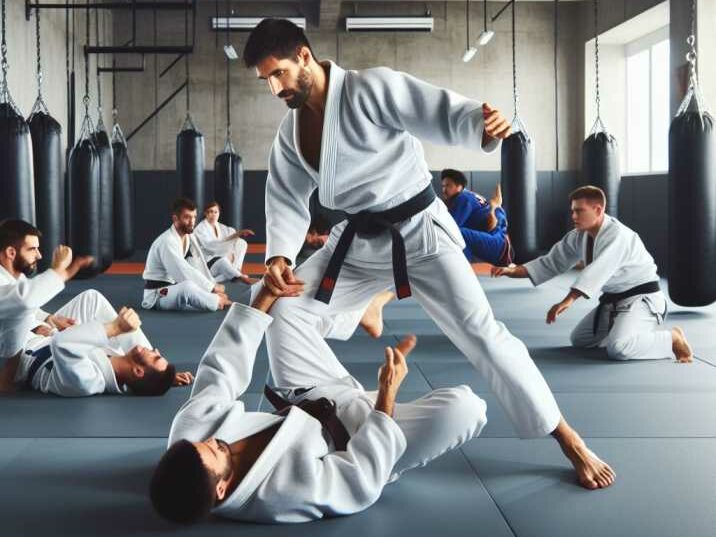 Action shot of Jiu Jitsu practitioners demonstrating ground-based techniques