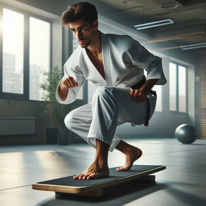 A martial artist showcasing enhanced balance and footwork during a competition