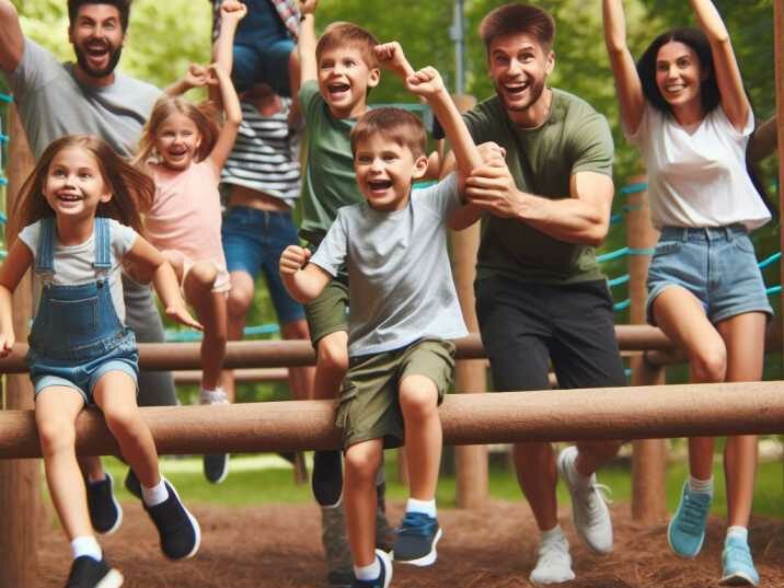 Parent guiding child through an obstacle course with safety gear